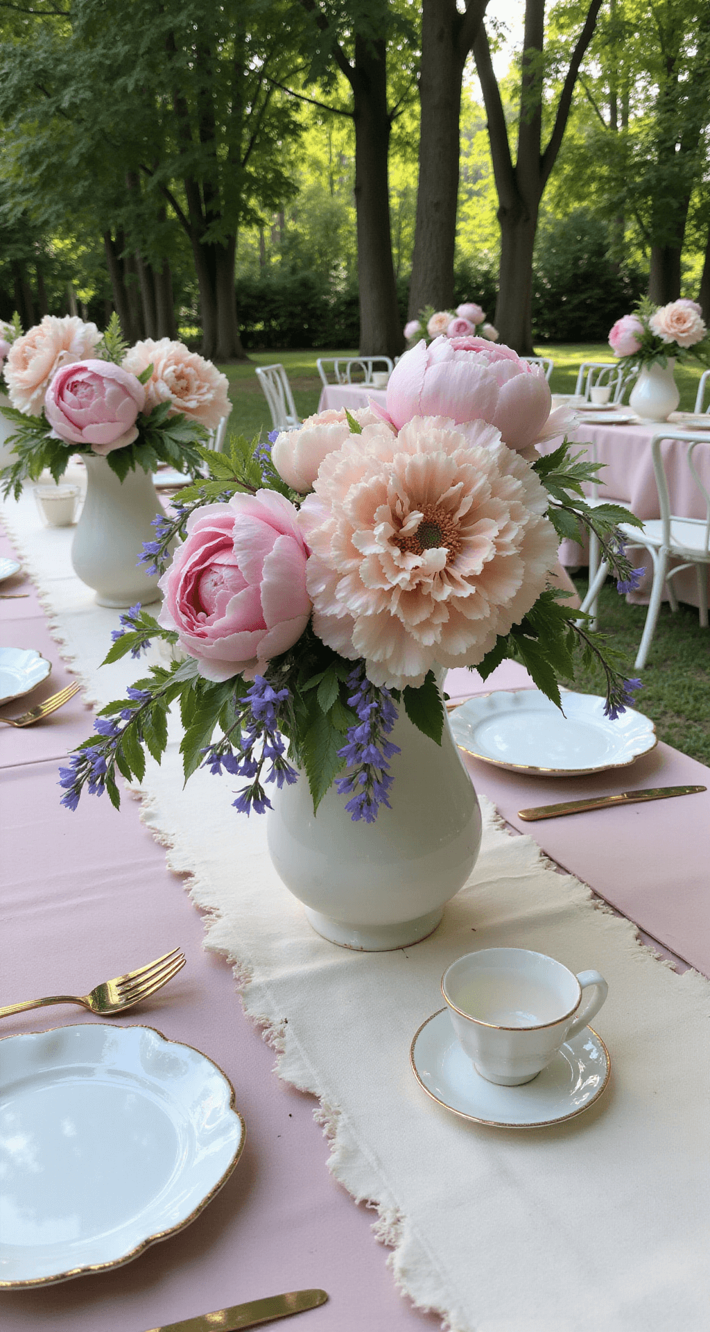 A whimsical garden party scene with clustering centerpieces of pink peonies, lavender sweet peas, and trailing jasmine in vintage milk glass vessels on tables with scalloped cream linens and dusty rose accents, featuring gold-rimmed teacups as place settings under a tree canopy in soft afternoon light.