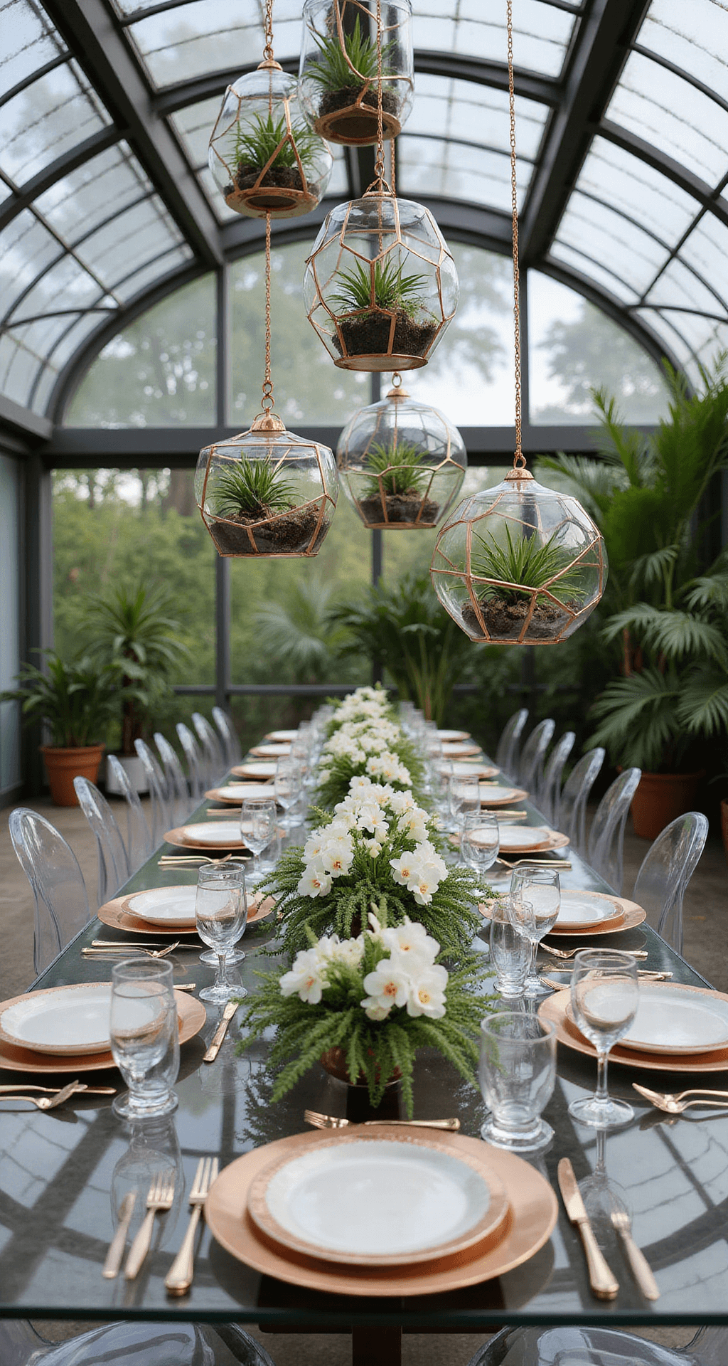 A modern greenhouse reception with geometric terrariums filled with air plants and orchids hanging above lucite tables, ghost chairs, and crystal stemware, accented by copper chargers and soft uplighting.