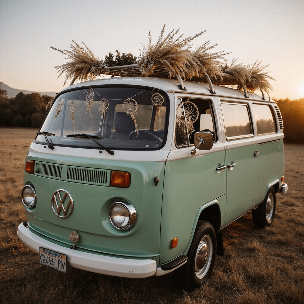 An intimate boho wedding car scene featuring a sage green restored VW van adorned with macramé dreamcatchers, dried pampas grass arrangements, and intertwined fairy lights and wild meadow flowers, captured in warm golden hour light with a lush natural landscape in the background.