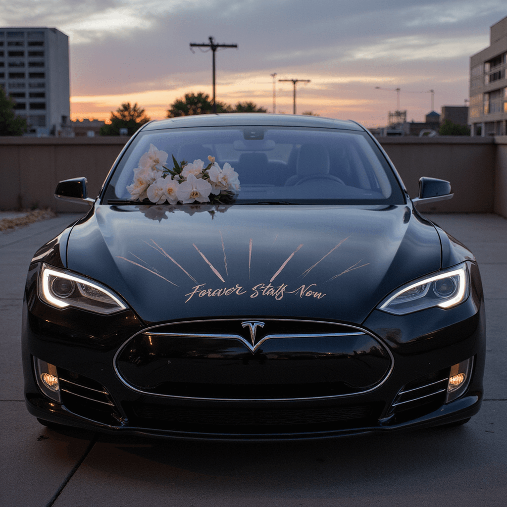 A sleek Tesla Model S adorned with rose gold metallic decals for a modern minimalist wedding, featuring a 'Forever Starts Now' LED neon sign, set against an urban dusk backdrop, with white orchids visible through the panoramic roof and emphasized uplighting showcasing its clean lines.