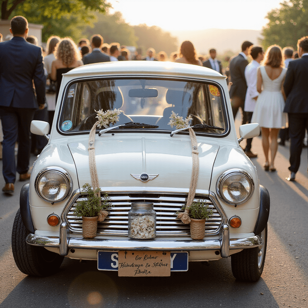 An eco-friendly wedding exit featuring an electric Mini Cooper decorated with sustainable dried flowers and biodegradable bunting, surrounded by guests with eco-conscious send-off items in soft morning light.