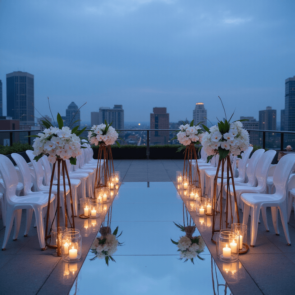 A modern rooftop ceremony setup at blue hour featuring white lucite chairs along a mirrored aisle, geometric copper stands with white orchids and monstera leaves, and glass wind barriers with floating candles, all viewed from overhead.