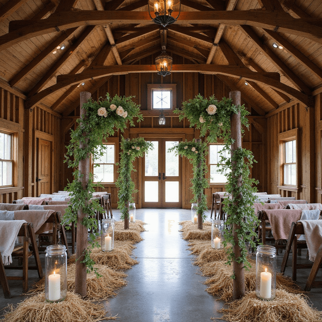 A rustic barn ceremony featuring wooden rafters, vintage ladder archways adorned with wild jasmine vines and mason jars of garden roses, hay bale seating with blankets, and antique copper lanterns, all illuminated by natural light streaming through gaps.