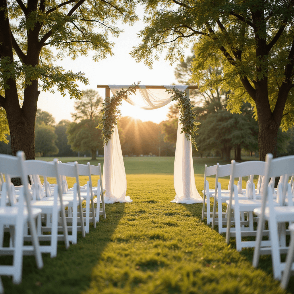 A sunlit garden ceremony setup featuring minimalist white wooden chairs, eucalyptus garlands, and a delicate white fabric arch adorned with greenery, all captured during golden hour with soft natural light filtering through trees.