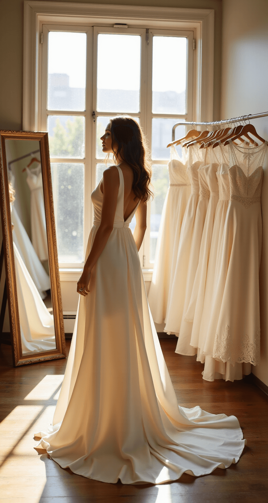 A bride-to-be in an ivory silk charmeuse gown stands before a triple mirror in a sunlit bridal boutique, surrounded by softly draped silk gowns in shades of white and cream.