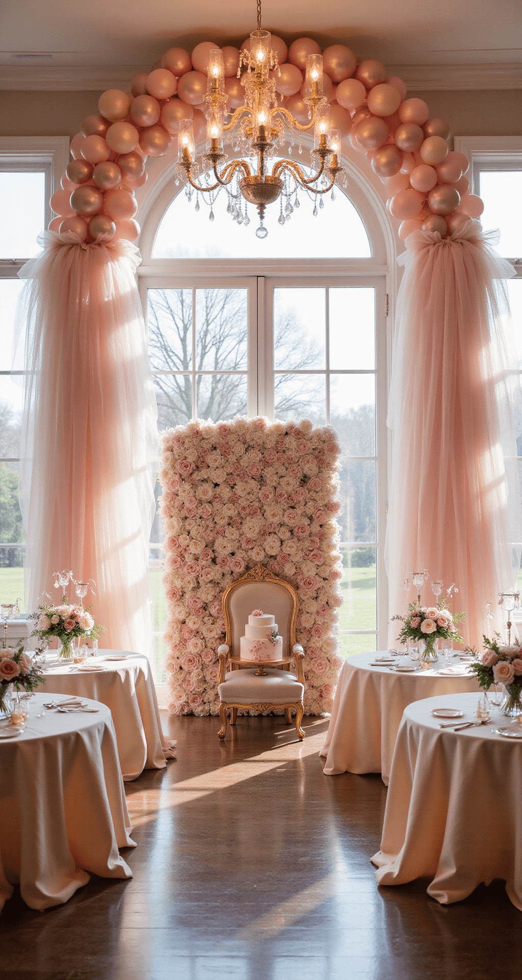 A dreamy princess-themed first birthday setup in a light-filled ballroom, featuring pink tulle drapes, a dessert table with a 3-tier pink and rose gold cake under a balloon arch, chandeliers over tables with silk linens and rose centerpieces, and a golden throne in front of a flower wall, all captured in wide angle with natural light.