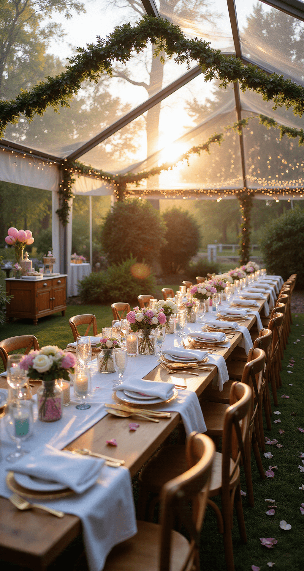 An elevated view of an enchanted garden party at golden hour, featuring a clear tent with fairy lights and greenery, unicorn centerpieces on farm tables, rainbow balloon garlands, and a dessert cart with pastel macarons and cupcakes under a sunset sky.