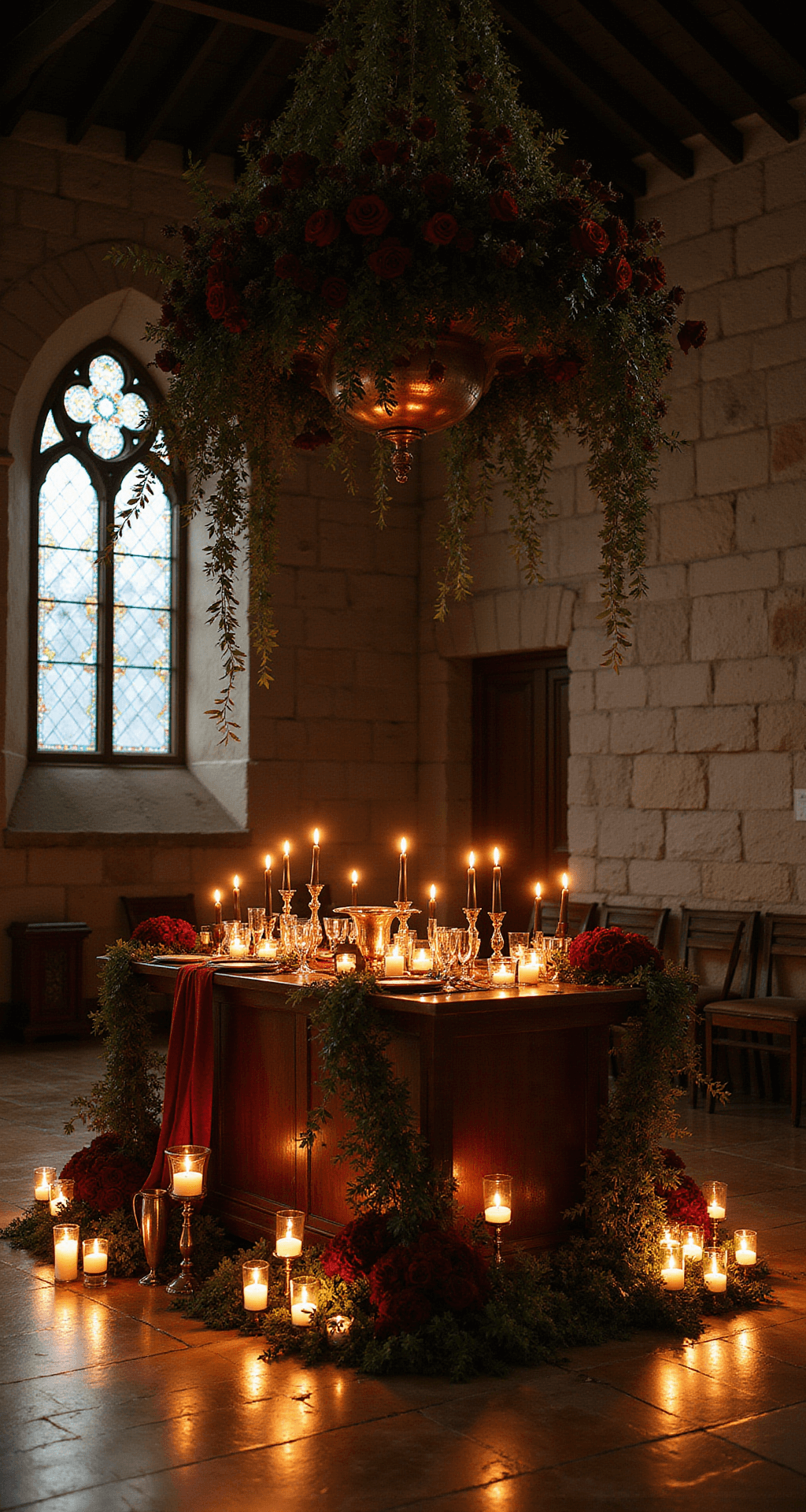 A dramatic wedding altar in a dimly lit historic stone chapel with cascading asymmetrical floral installations of burgundy roses, black calla lilies, and ivy, surrounded by black taper candles and metallic copper vessels. Velvet ribbons and moody shadows accentuate the weathered stone walls, with stained glass windows casting colorful reflections.