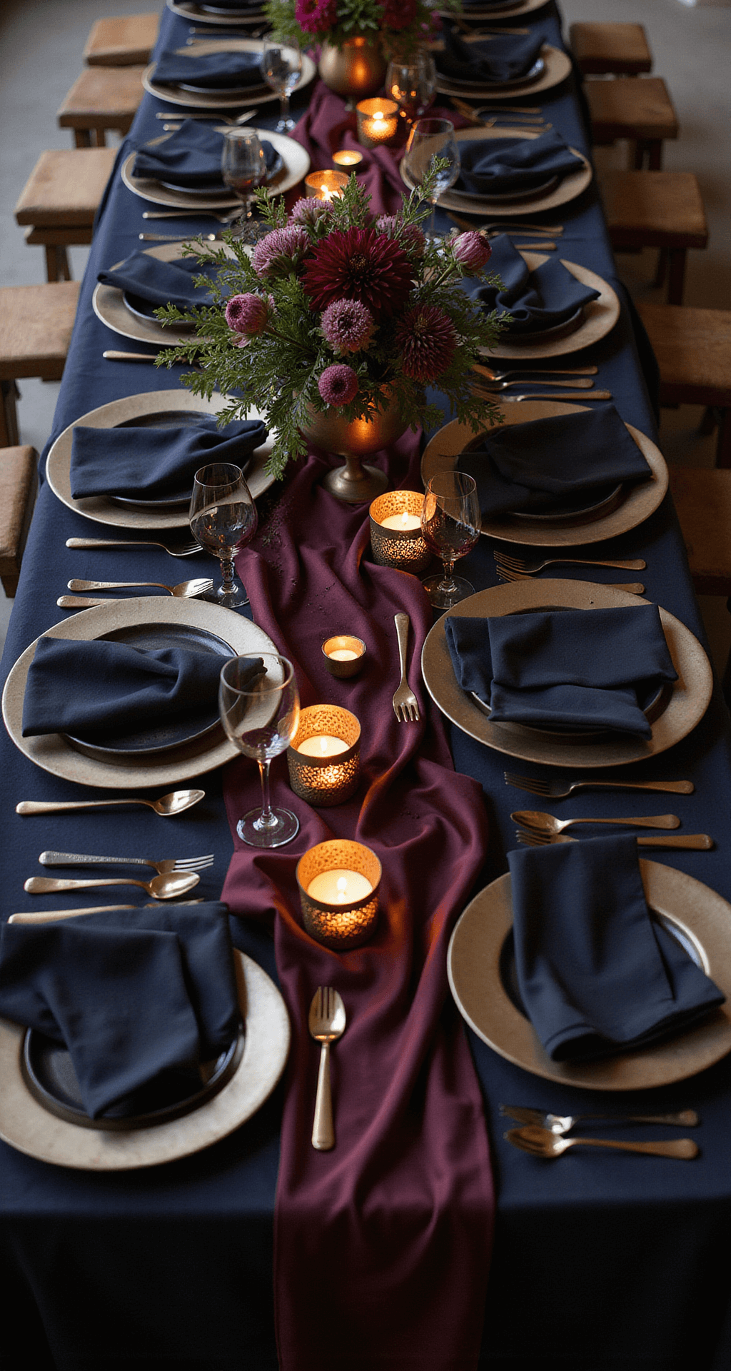 Overhead view of an elegant evening reception table with dark navy linens, metallic chargers, black ceramics, aged brass cutlery, and striking floral centerpieces of plum dahlias and mauve ranunculus in copper compotes.