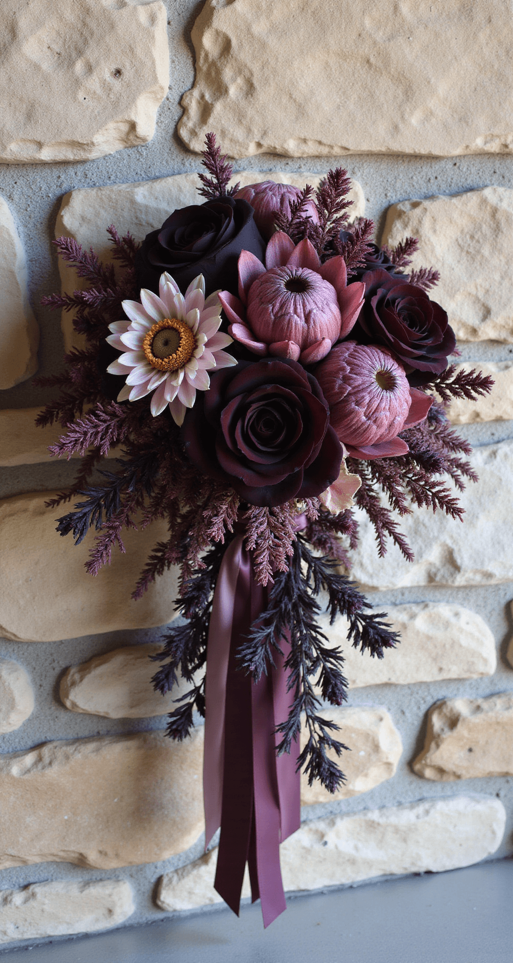 A cascading bridal bouquet with black roses, wine dahlias, and proteas against a stone wall, highlighted by natural light and dark purple ribbons.
