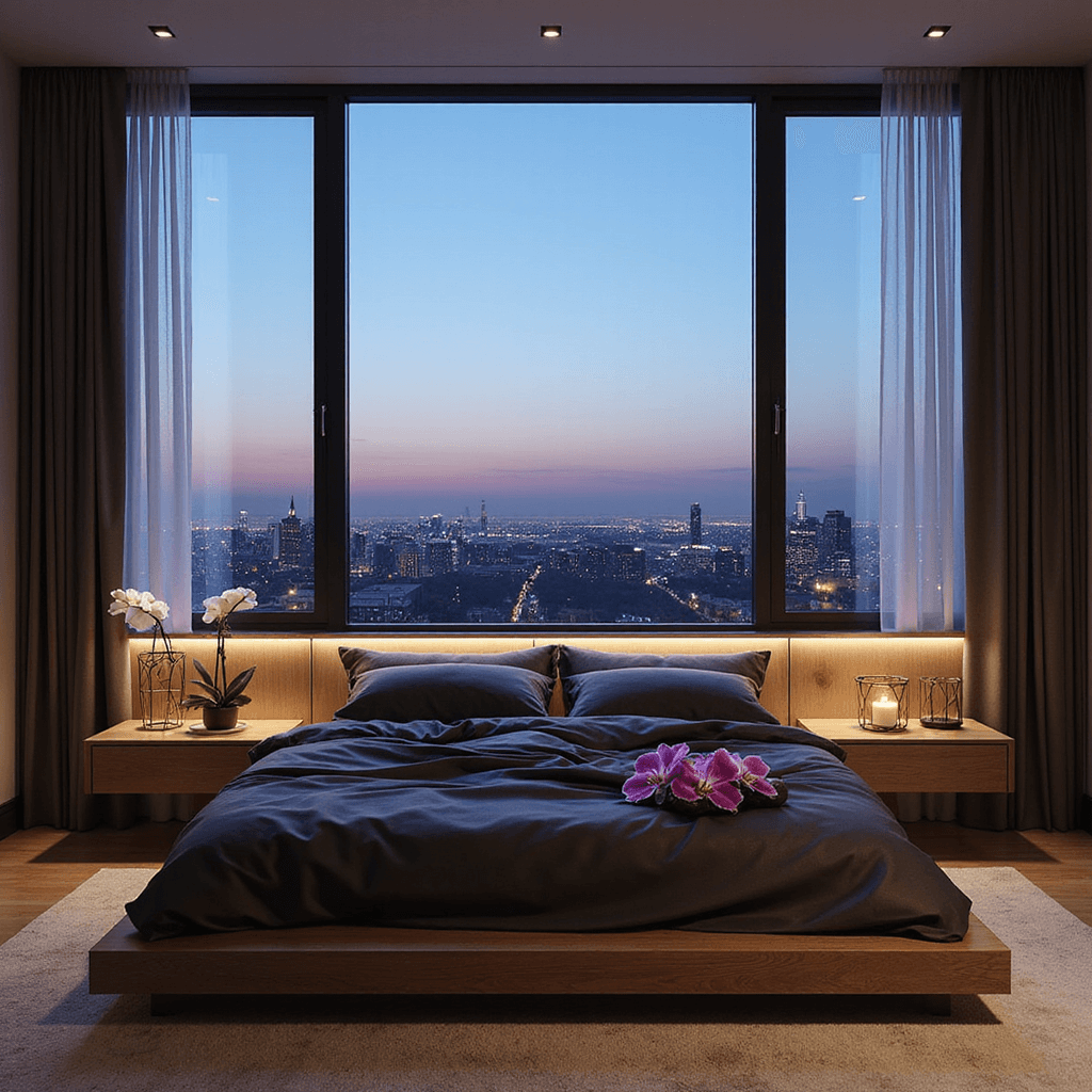 Modern penthouse master bedroom at twilight, featuring a clean-lined platform bed with charcoal silk bedding and deep purple orchids, panoramic windows with city lights, ambient LED strip lighting behind a floating headboard, minimalist brass side tables with geometric candle holders, and fresh white calla lilies, captured straight-on to emphasize symmetry and sophistication.