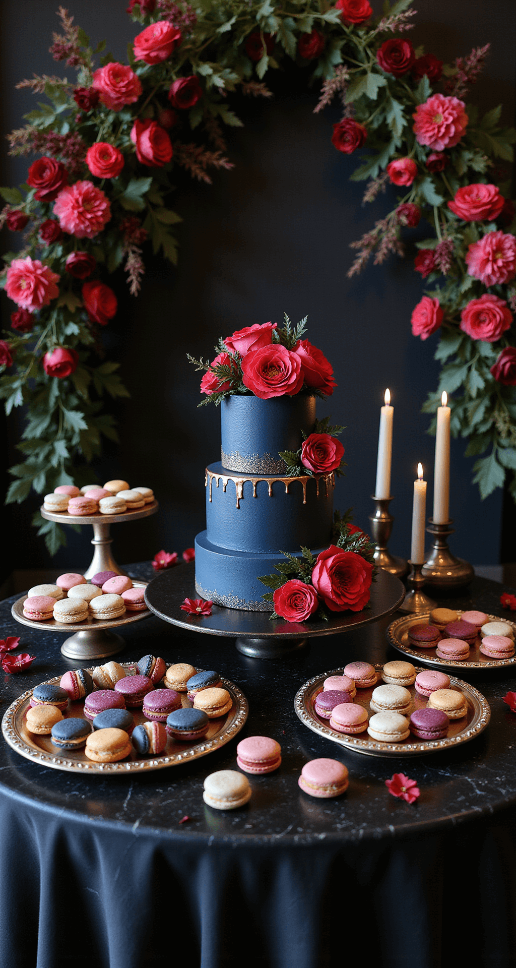 Wide-angle view of a gothic romance-themed dessert display with a navy and copper three-tier cake, jewel-toned petit fours, and macarons on mirror platforms, surrounded by dark floral arrangements and candlelight ambiance.