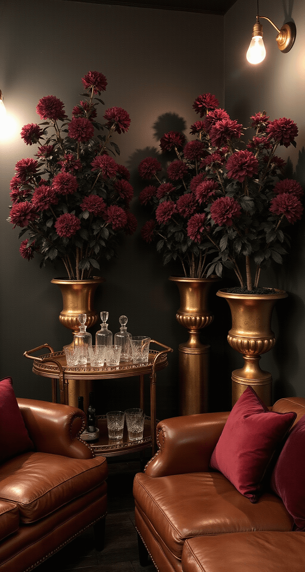Intimate cocktail lounge with vintage leather seating, dramatic floral arrangements, and a copper bar cart with crystal decanters. Moody uplighting and Edison bulbs create a warm ambient glow. Velvet throw pillows in deep jewel tones add texture.