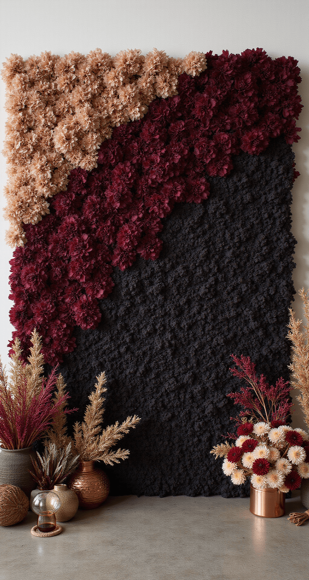 Portrait setup at golden hour with a flower wall featuring a gradient of dark blooms from burgundy to black, accented with copper wire and hanging glass orbs catching the sunlight; includes dried and preserved flowers for texture.