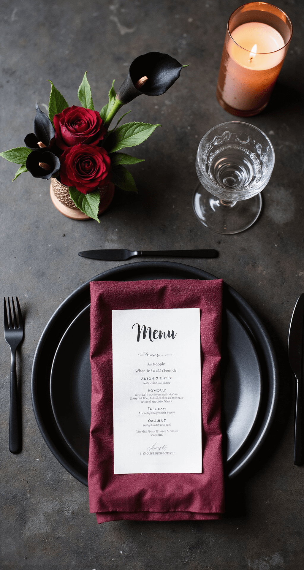 Dark, moody table setting with black charger, burgundy napkin, black flatware, hand-calligraphed menu, floral arrangement, crystal wine glass, and copper accents.