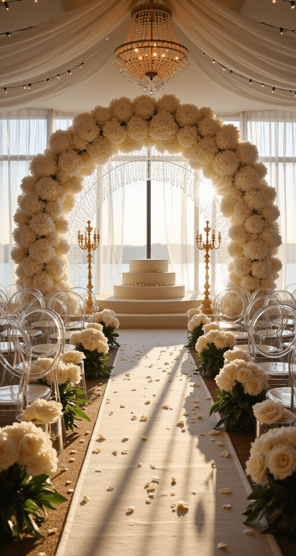 Luxurious indoor ballroom wedding setup with white peonies, orchids, ghost chairs, and rose petals leading to crystal-adorned altar, framed by gold candelabras and sheer drapes, glowing with natural light.