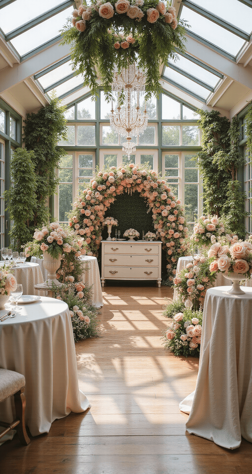 A sunlit conservatory with lush peach, blush, and ivory flower walls, round tables with towering floral centerpieces, crystal chandeliers draped in flower garlands, and a vintage dresser for flower crowns.