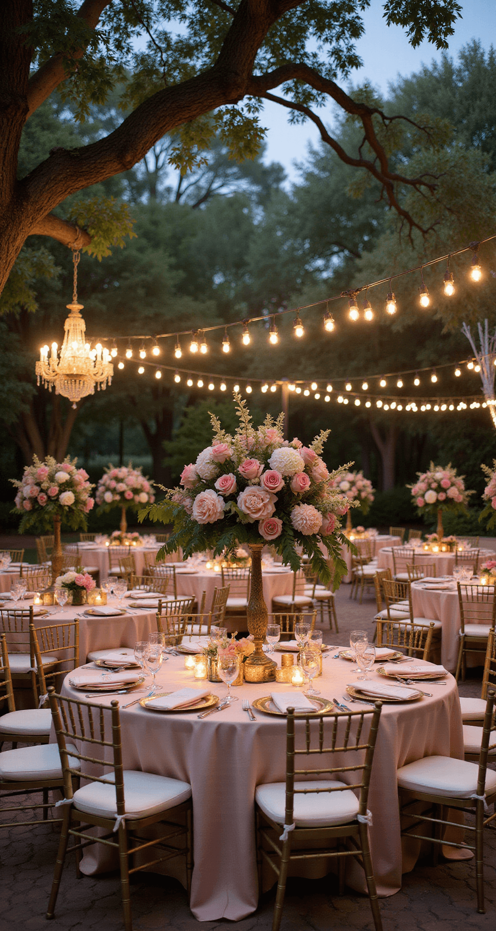 An elevated view of a garden reception at dusk with round tables adorned in blush silk linens, surrounded by gold Chiavari chairs. Tall centerpieces with pink roses and hydrangeas in gold vessels, market lights and crystal chandeliers overhead, gold-rimmed chargers, pink place cards, and rose petals complete the enchanting scene.