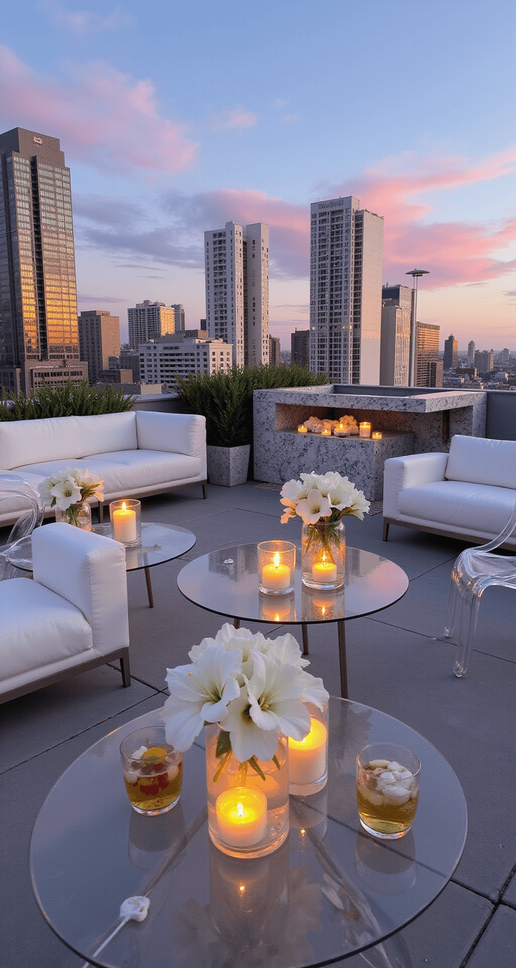 A modern rooftop celebration at sunset featuring sleek white lounge furniture around a marble-topped bar, dramatic floral installations with calla lilies and orchids on lucite pedestals, ghost chairs around clear acrylic tables with floating candles, and a city skyline with a dusky pink sky in the background.