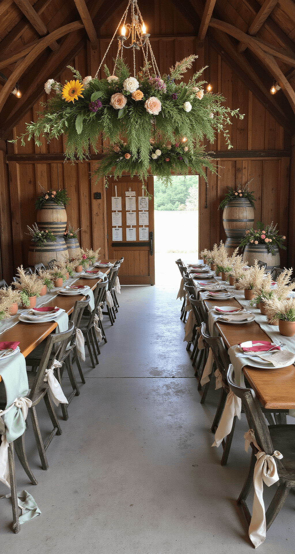 Aerial view of a rustic barn wedding showcasing farm tables with sage runners, terracotta pottery filled with wildflowers, wooden cross-back chairs with flower bundles, floral chandeliers with dahlias, vintage door seating charts, and wooden barrels with floral arrangements.