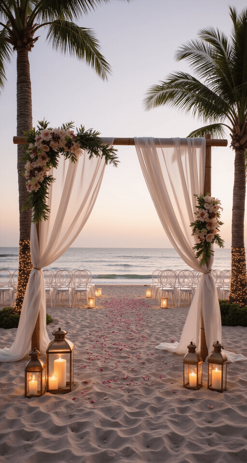 Golden hour beachside ceremony setup with a white bamboo arch draped in ivory chiffon, adorned with king protea, orchids, and lush greenery; ghost chairs arranged in a semicircle facing the ocean; aisle with hurricane lanterns, pillar candles, and orchid petals; palm trees with fairy lights; pink sky, sand, and waves in the background.