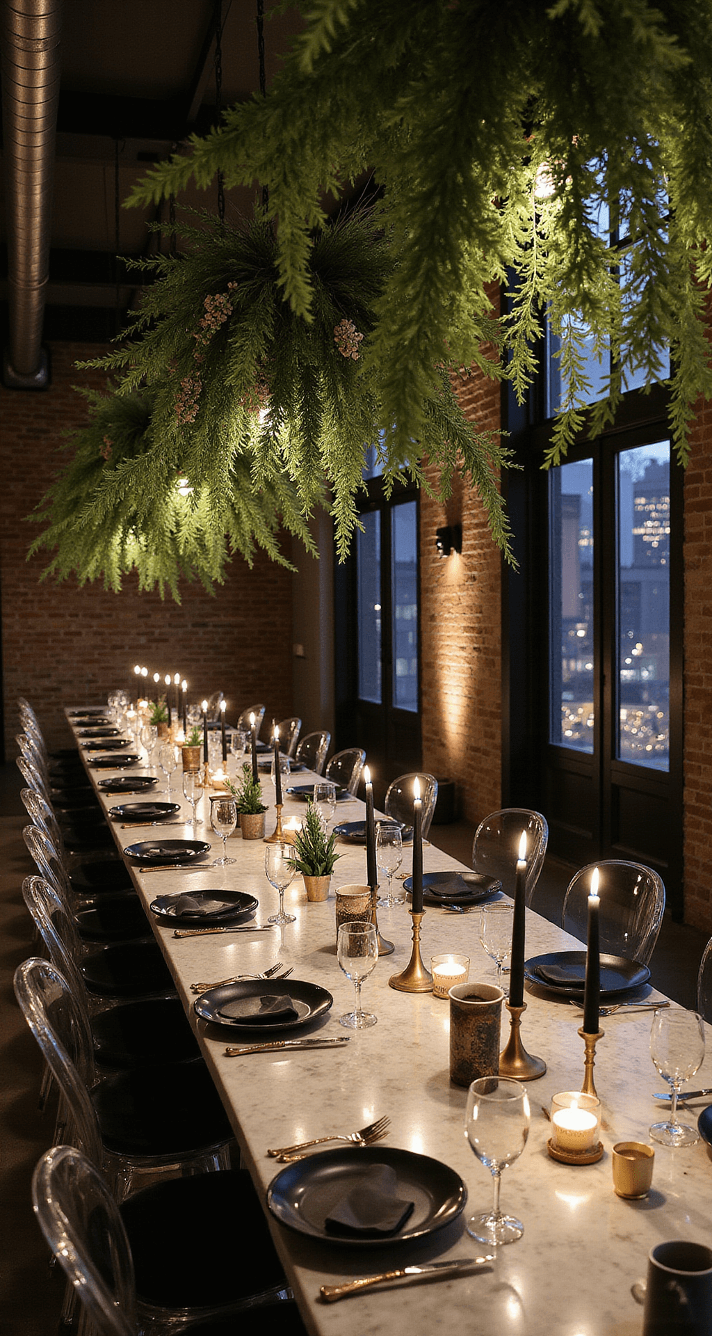 Moody evening loft celebration with marble tables, black ceramics, gold flatware, greenery installations, black candles, ghost chairs, and city lights.