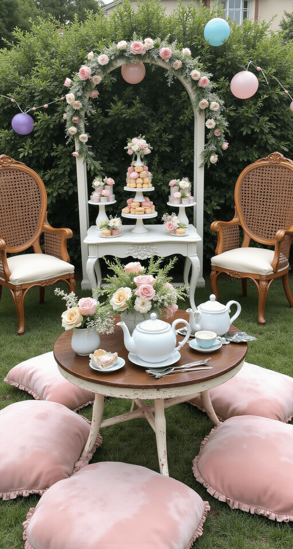 A whimsical garden brunch scene with low tables and plush pastel velvet floor cushions, vintage teapots holding garden roses, sweet peas, and ferns, macaron towers, and tiered cakes on antique furniture. Hanging wicker chairs adorned with flower garlands, pastel balloons, and streamers enhance the ethereal atmosphere, captured from a seated perspective.