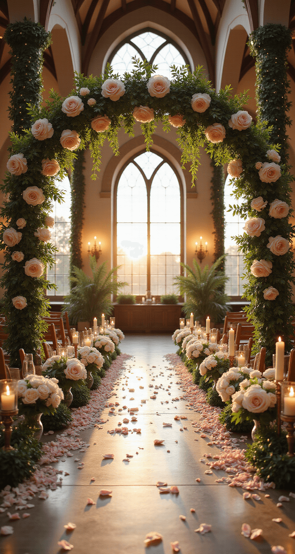 Photorealistic image of a cathedral-style indoor ceremony space at golden hour, featuring a dramatic floral arch with white peonies, blush garden roses, and trailing ivy. Natural light filters through stained glass windows onto the flower petals. The aisle is lined with organic flower arrangements in crystal vessels and scattered rose petals. Vintage brass candelabras with ivory tapers offer ambient lighting. Architectural columns wrapped in greenery and fairy lights add vertical interest.