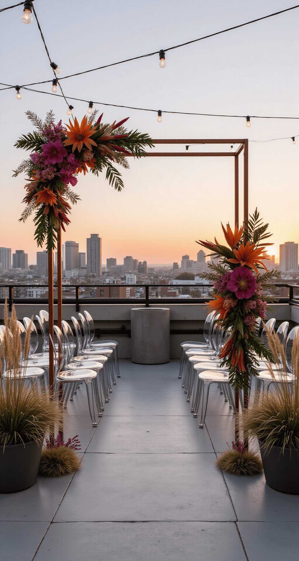 Overhead view of a modern rooftop ceremony space with a geometric copper arch decorated with tropical flowers in vibrant colors, surrounded by ghost chairs, pampas grass, and city skyline at sunset.