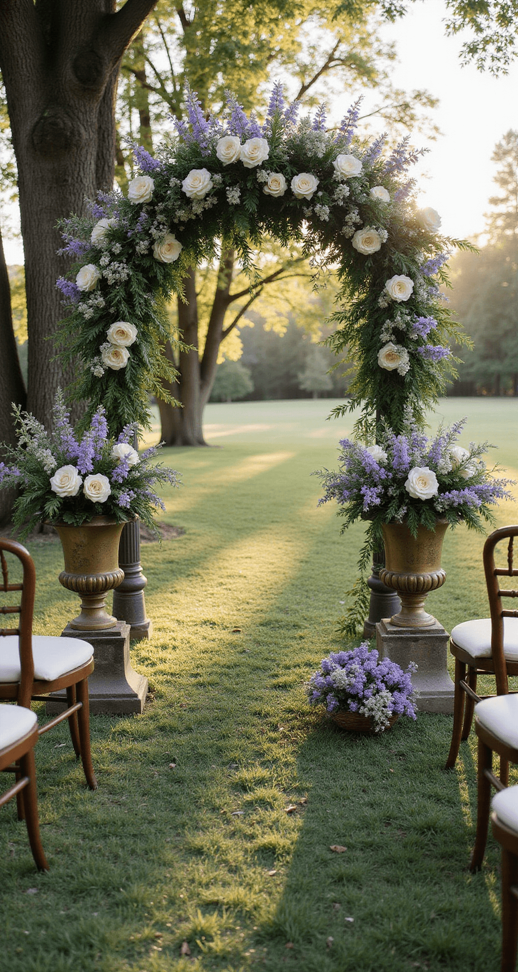 A morning garden ceremony scene with a wild meadow-style floral installation of delphinium, cosmos, and Queen Anne's lace in lavender and cream, appearing to grow naturally. Vintage wooden chairs with flower posies decorate the space, while sunlight through old trees casts dappled shadows. Antique brass urns brim with seasonal blooms.