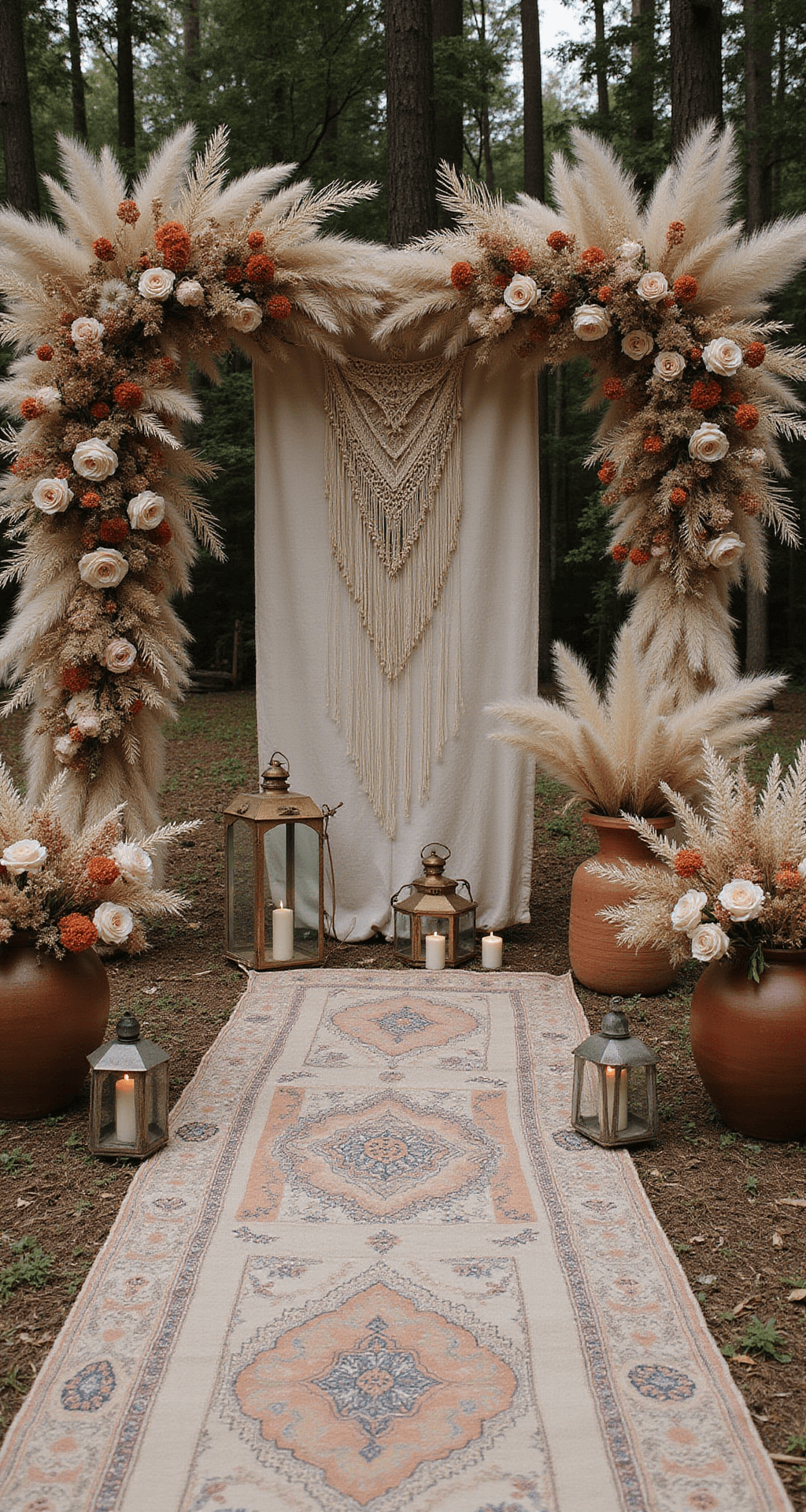 A close-up of a bohemian woodland ceremony altar featuring an asymmetrical dried floral arrangement with pampas grass, bleached ruscus, and preserved roses in earth tones. A macramé backdrop with woven floral elements adds texture, while Moroccan lanterns and pillar candles provide moody lighting. Raw silk runners and vintage rugs define the space, with organic pottery vessels holding statement floral arrangements flanking the altar.