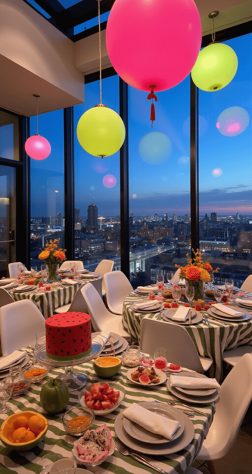 A modern rooftop event with watermelon-themed decorations: geometric hot pink and lime green balloons, striped table linens, ghost chairs, and a dessert bar with watermelon-pattern cake, set against twinkling city lights during blue hour.