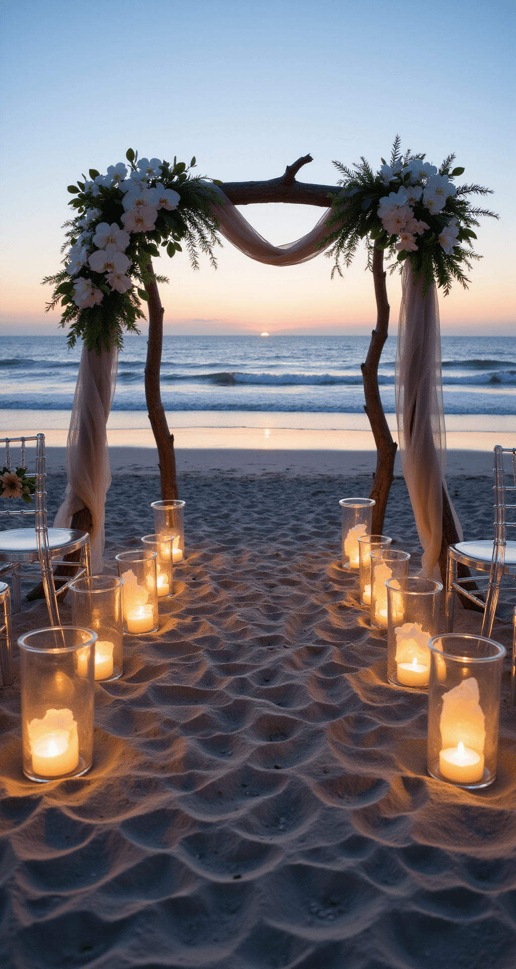 A twilight beach ceremony setup with a driftwood arch decorated with white orchids and chiffon, clear chairs with white flowers, paper lanterns along the aisle, and floating candles, against an ocean sunset backdrop.