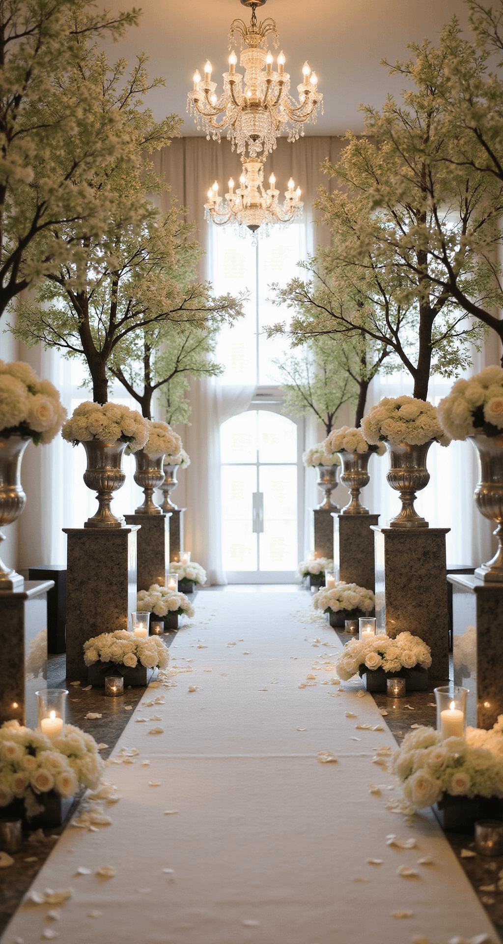 A classic ballroom ceremony with towering cherry blossom trees, crystal chandeliers draped with jasmine, and tall urns of white roses and hydrangeas lining a mirror-topped aisle, softly lit by taper candles in mercury glass holders, framed by white silk drapery and rose petals on a marble floor.