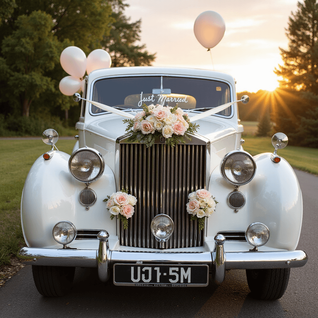 A vintage white Rolls Royce, decorated with ivory silk ribbons and blush garden roses, displays a 'Just Married' sign on frosted glass. The car is captured during golden hour from a low angle, highlighting its chrome details and romantic floral arrangements, with pearl-finished balloons floating in the soft sunset light.