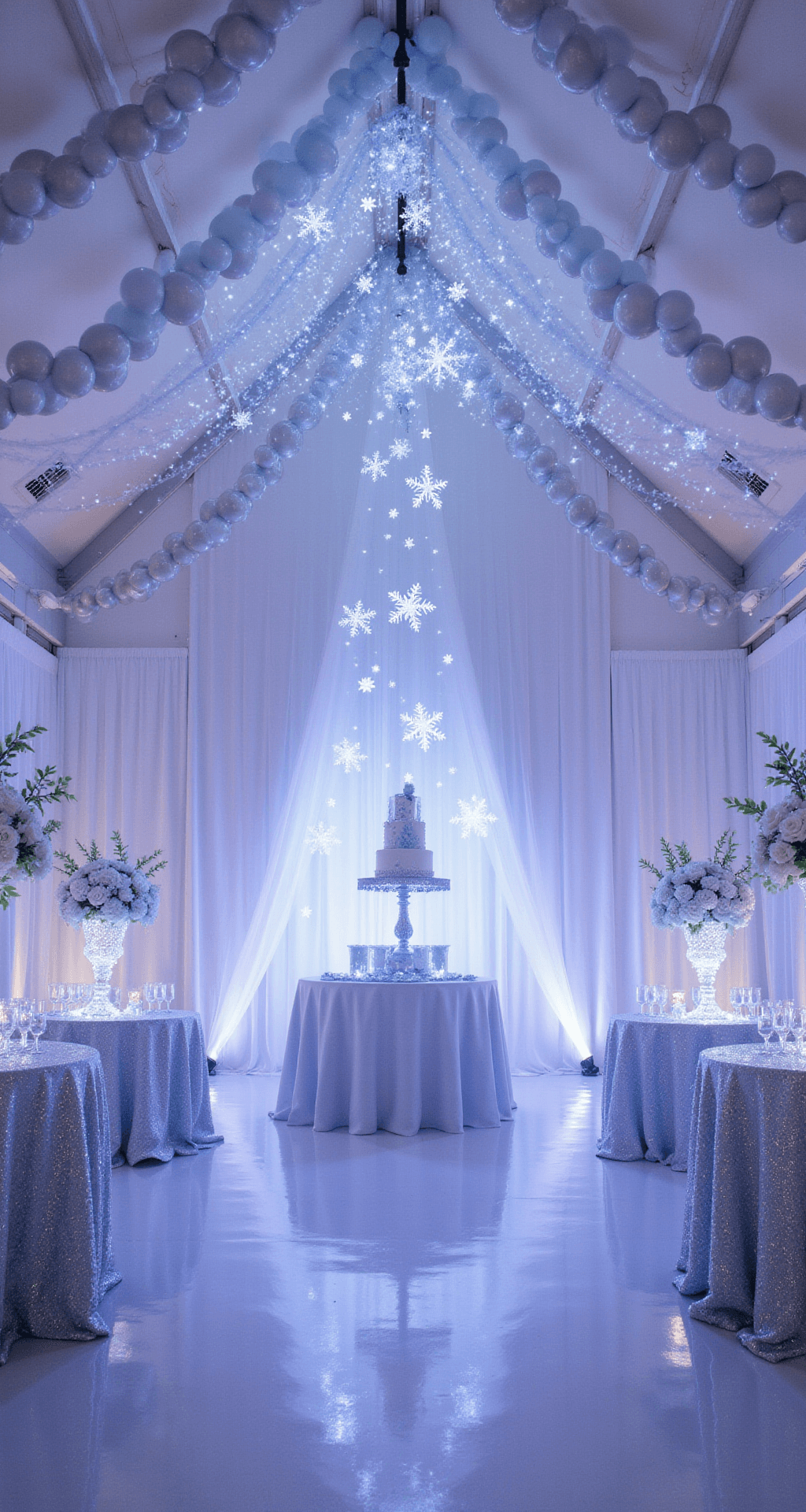 A whimsical winter wonderland room with snowflake projections on white drapes, silver and blue balloon garlands on the ceiling, sparkling centerpieces on mirrored tables with sequined linens, and a floating cake amidst dry ice effects.