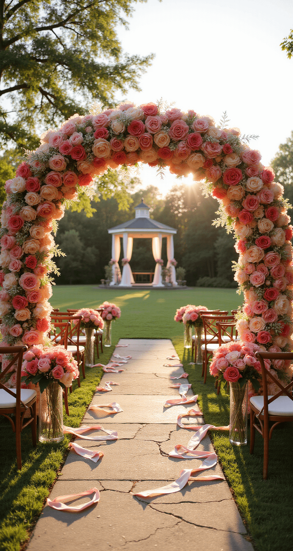 A sunlit garden wedding setup with dramatic ombré-styled Pink Floyd rose arch, vintage wooden chairs with flower posies, silk ribbons, peony-filled crystal vases, a stone pathway, and a flower-draped gazebo, captured during golden hour.