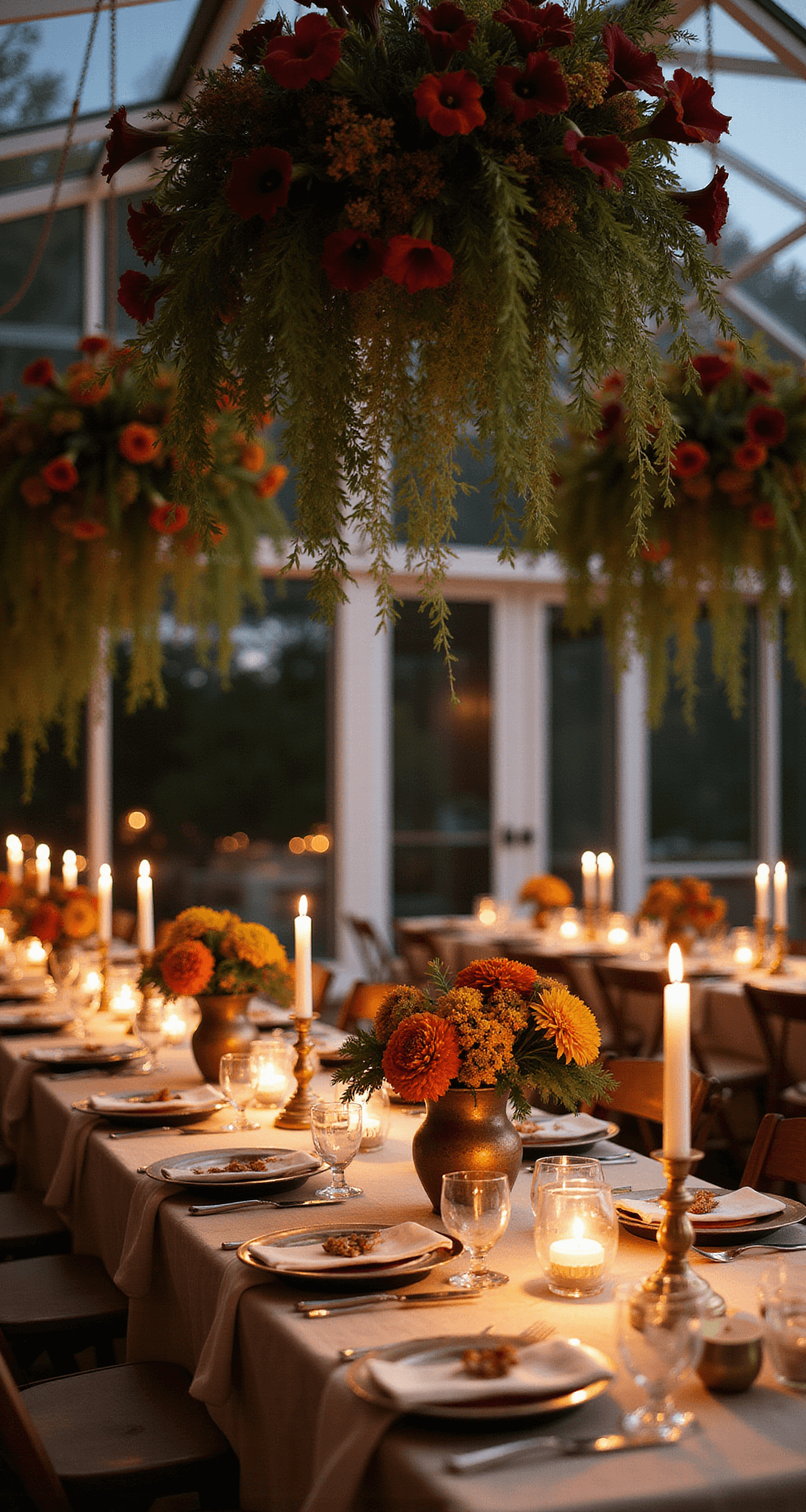 Alt text: Cozy indoor reception at dusk with burgundy calla lilies and greenery suspended above farm tables, illuminated by vintage brass candleholders on cream linens, featuring fall-colored floral arrangements in copper vessels.