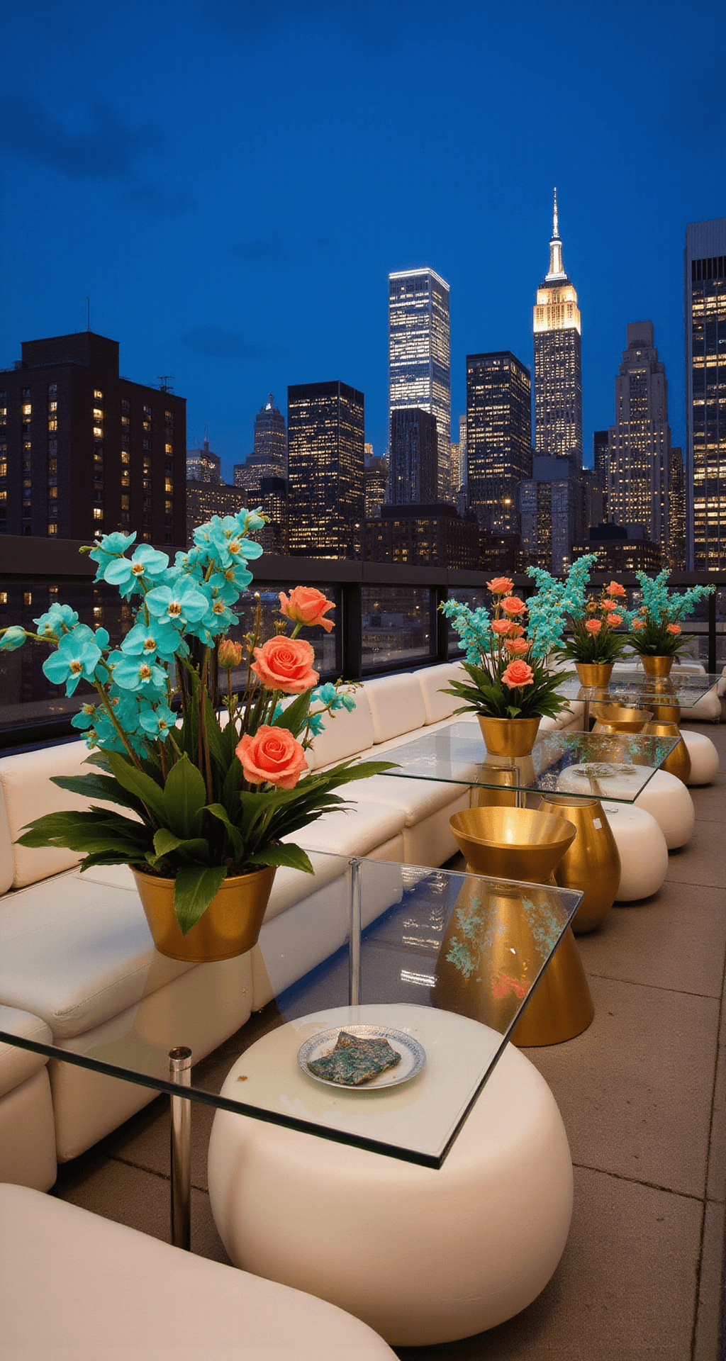Modern rooftop venue at twilight with Manhattan skyline in the background, featuring minimalist clear acrylic tables with bold tropical floral arrangements of electric teal orchids and coral sunset roses, warm LED uplighting on white lounge furniture, and geometric gold containers with architectural floral designs, viewed from a corner angle capturing city lights.