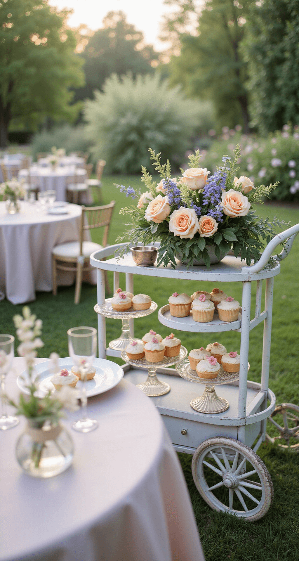 A vintage tea cart converted into a mobile flower bar with peach garden roses, lavender sweet peas, and mint green foliage, surrounded by crystal cake stands with desserts and draped pale pink silk linens in morning light.