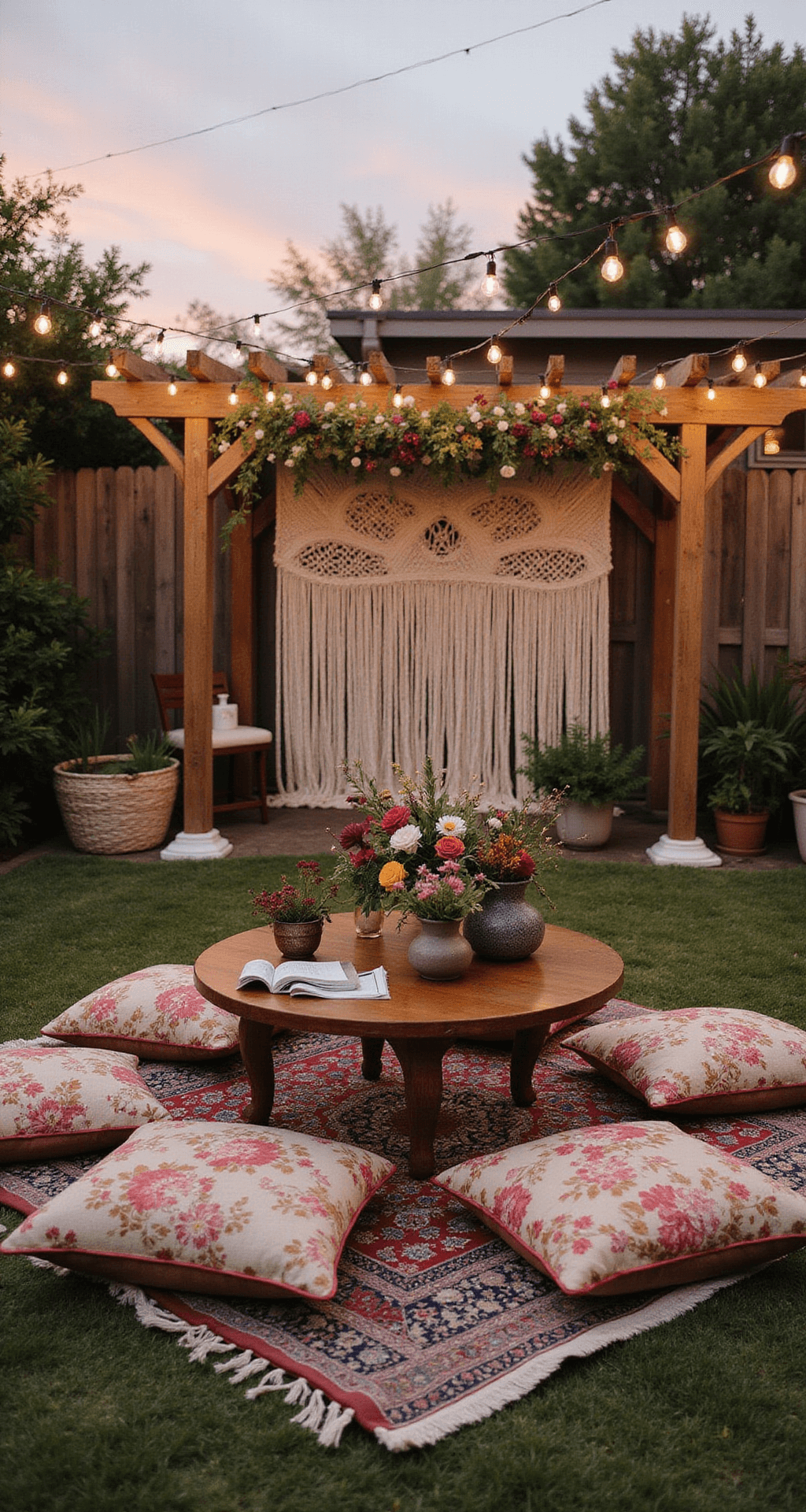 Bohemian backyard wedding lounge at sunset with low wooden tables, embroidered floor cushions, vintage rugs, wildflower arrangements in pottery vessels, macramé backdrop with fresh flowers, and twinkling fairy lights overhead.