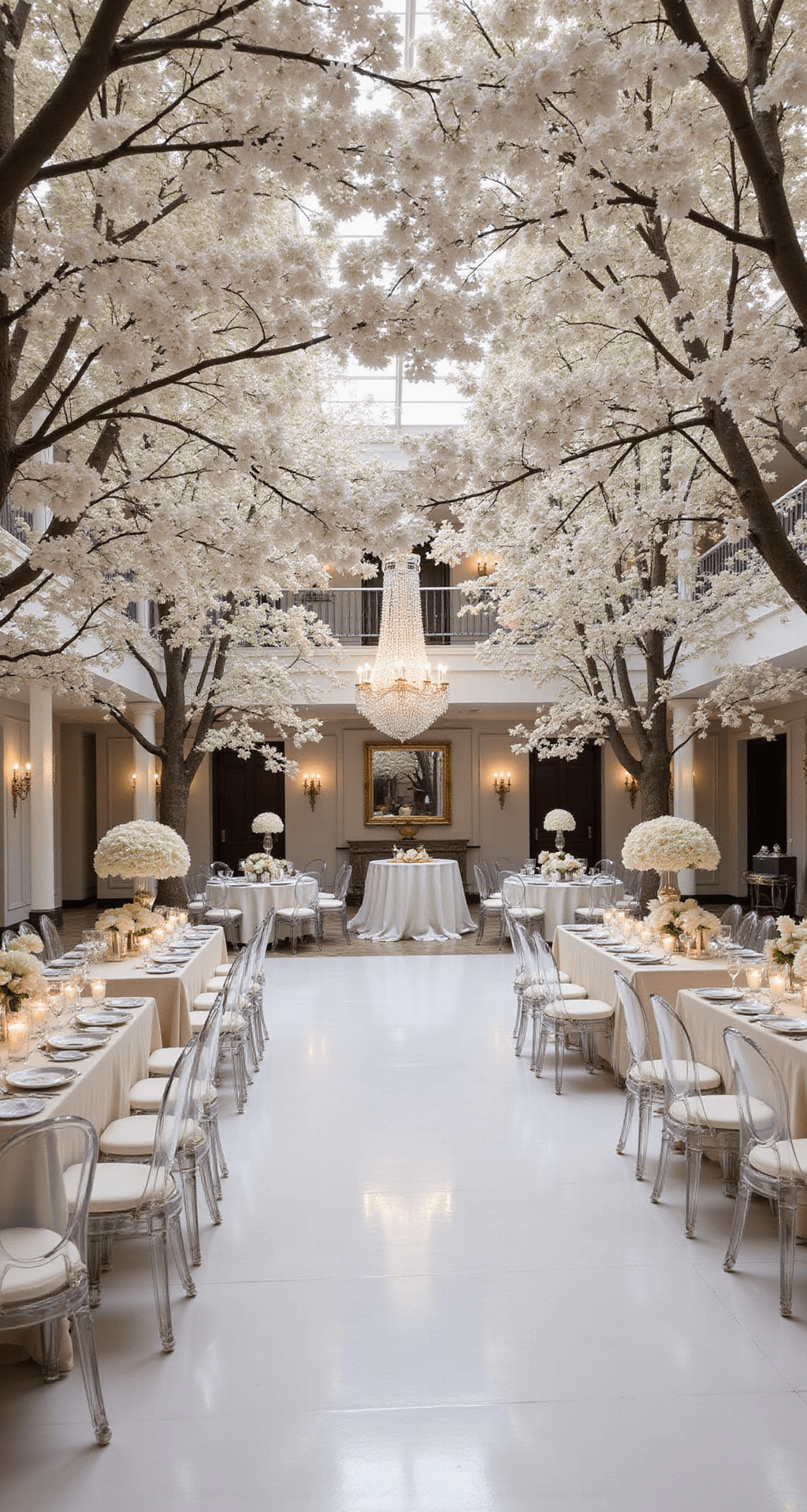 A luxurious ballroom wedding featuring towering white cherry blossom trees framing a monochromatic white dance floor, with crystal chandeliers and mirrored tabletops adorned with high-low arrangements of white peonies and roses; ghost chairs contribute to the ethereal atmosphere, captured from a balcony view.
