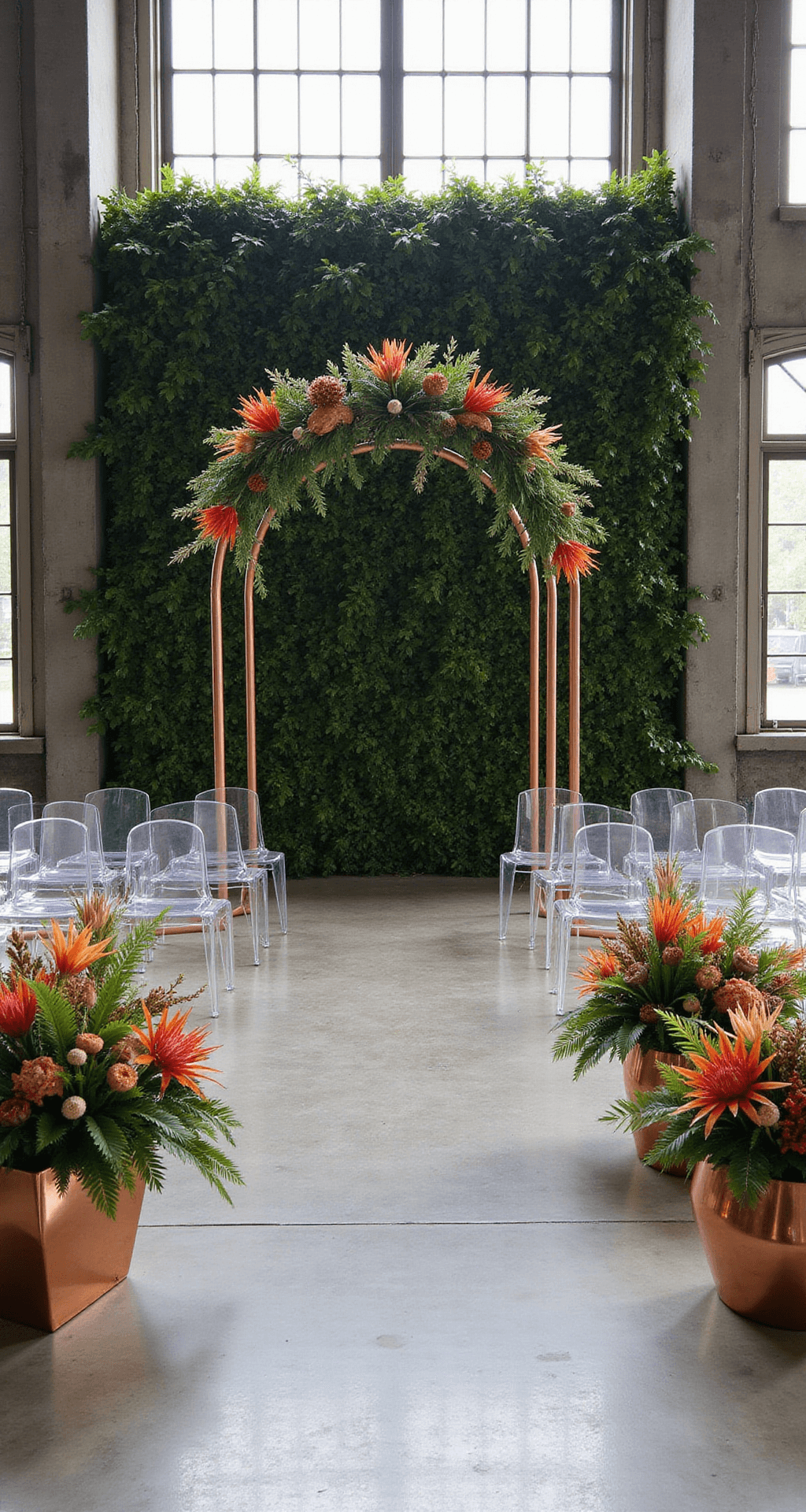 An industrial loft ceremony space with abundant natural light features a living wall of diverse green plants as a backdrop. A simple copper arch decorated with striking protea blooms stands out. Transparent ghost chairs are arranged in a semi-circle, while geometric copper vessels filled with tropical flowers in sunset colors line the concrete aisle. The wide-angle view highlights the contrast between industrial architecture and organic elements.