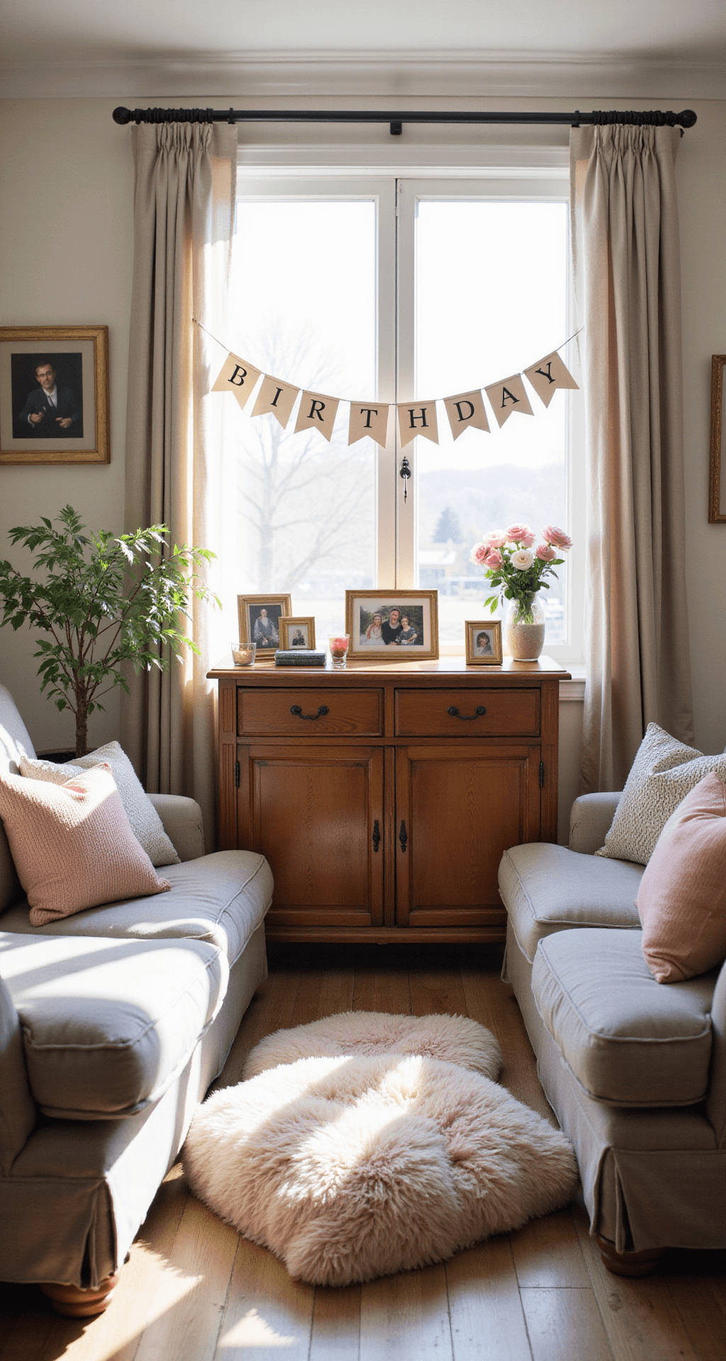 An intimate living room bathed in soft morning light features vintage furniture around a low table with pastel floor cushions, a handcrafted birthday banner, family photos, fresh flowers, soft textiles, and warm copper accents.