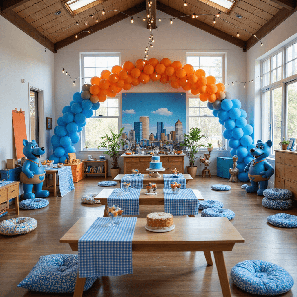 A vibrant indoor playroom set for a Bluey-themed party, showcasing a blue and orange ombré balloon arch, life-size Bluey cutouts, Australian-patterned cushions, a dessert table with a Brisbane cityscape backdrop, and twinkling fairy lights overhead.