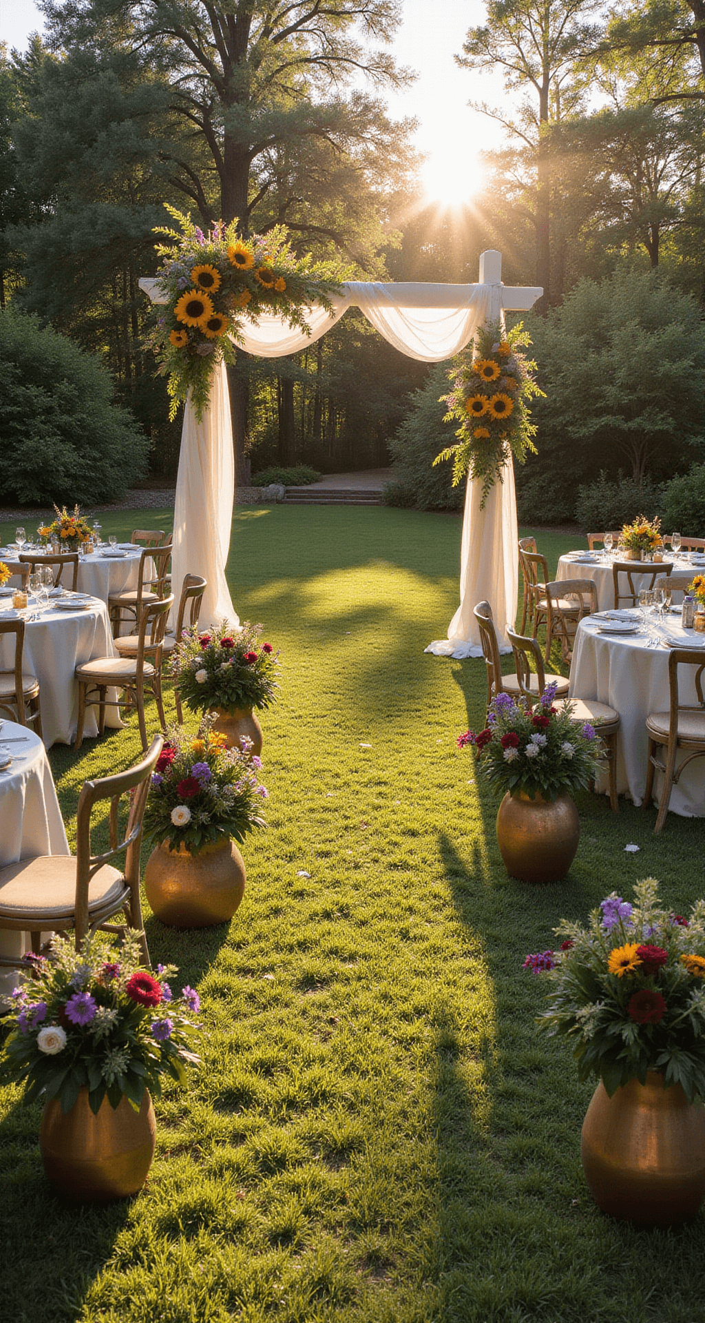 A sunlit garden ceremony setup at golden hour with a white arch framed by sunflowers and delphiniums, round tables with copper vases of summer blooms, and vintage chairs under tree canopies.