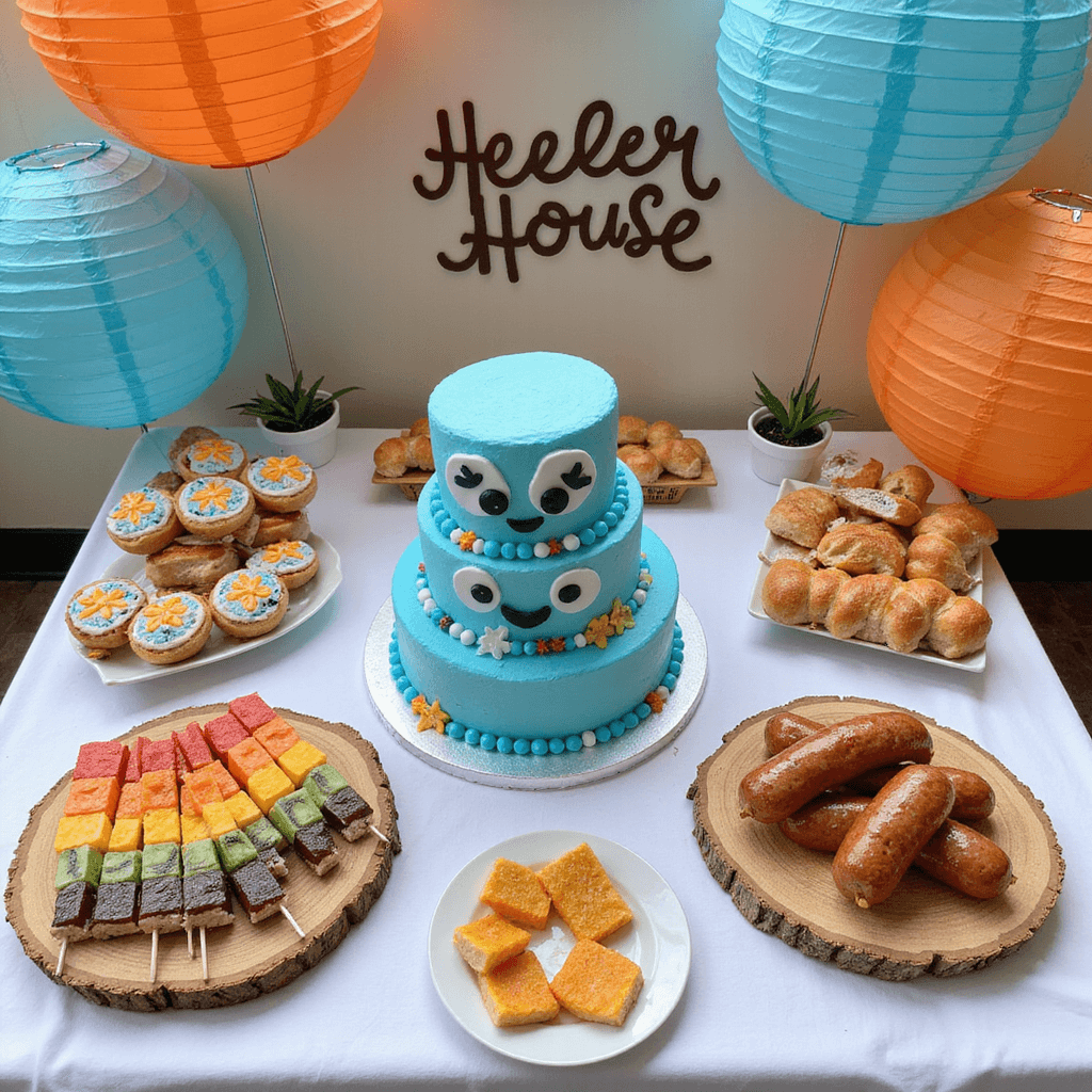 Overhead view of a whimsical dessert spread featuring a three-tiered Bluey cake, character cookies, rainbow fruit skewers, and sausage rolls on wooden boards, with blue and orange paper lanterns and 'Heeler House' signage above.