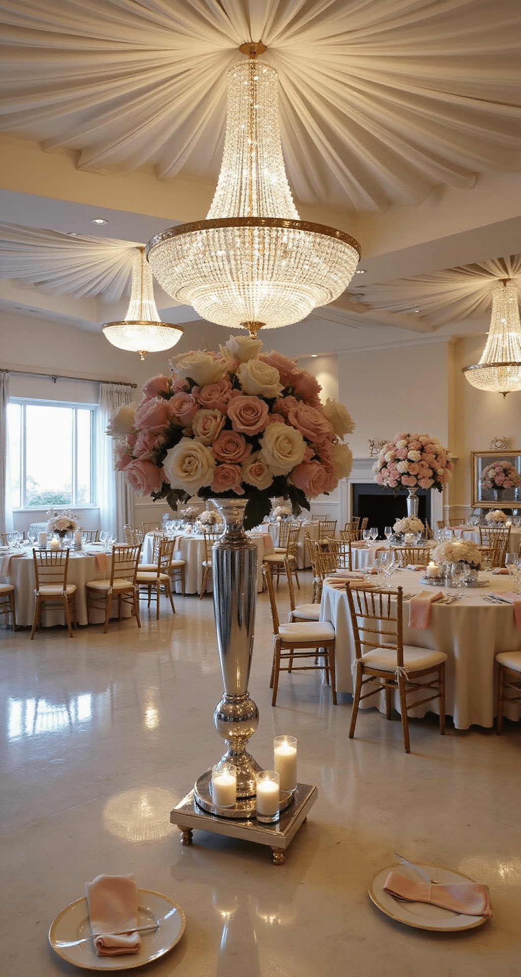 Elegant ballroom reception with crystal chandeliers, pink and white floral centerpieces, ivory silk tablecloths, and a romantic candlelit ambiance.