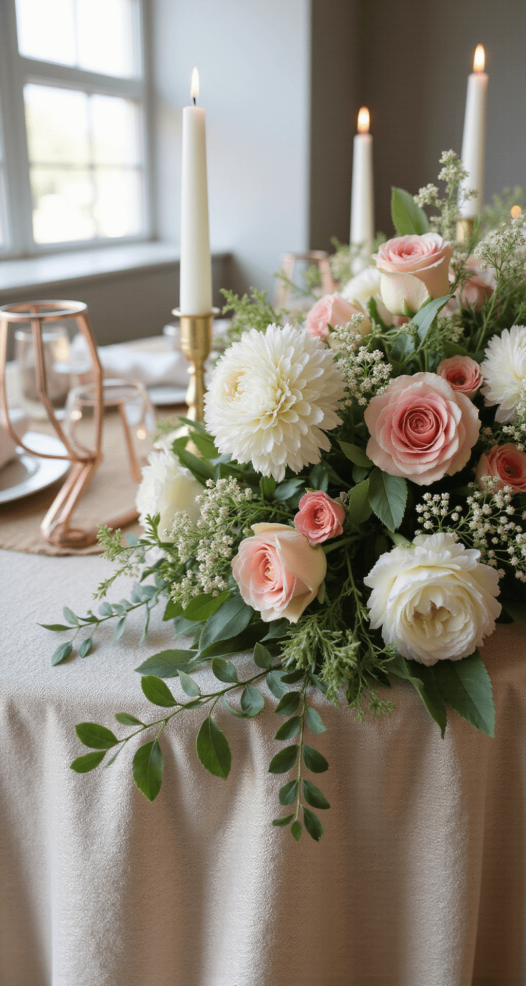 Lush sweetheart table with butterfly ranunculus, astilbe, and Queen Anne's lace over sequin linen, accented with rose gold candle holders and bud vases in natural light.