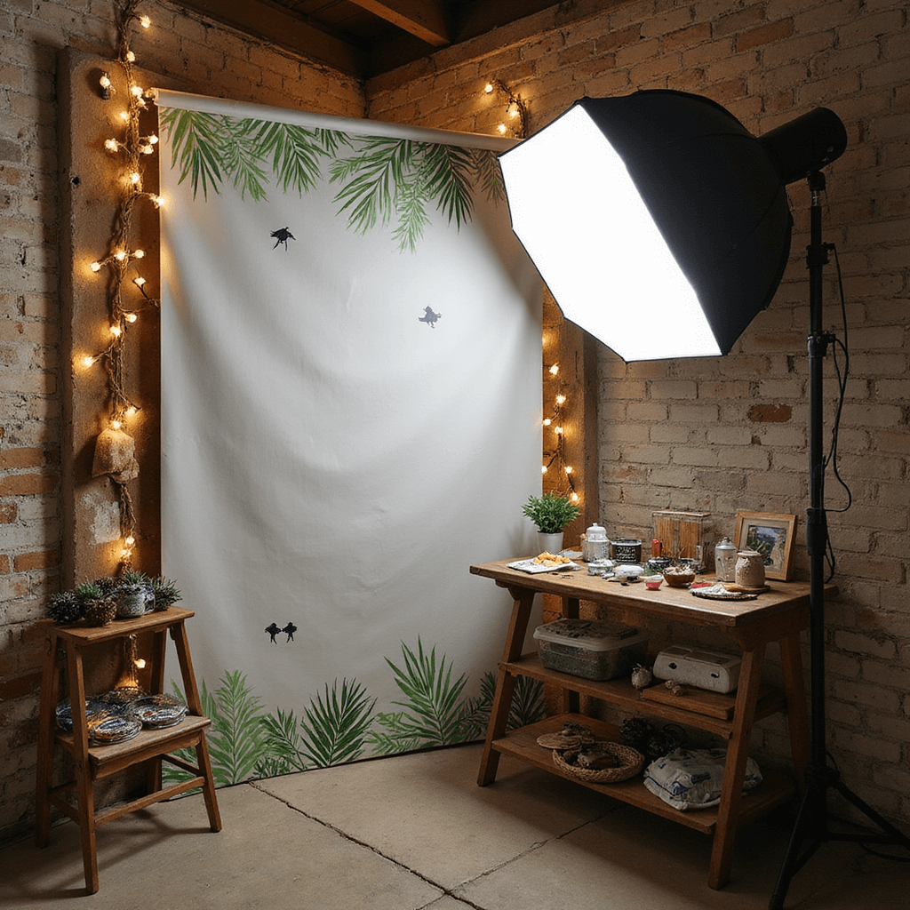An intimate photo booth corner with a DIY backdrop of hand-painted palm leaves and Bluey family silhouettes, featuring a props table with character masks and Australian-themed accessories on a vintage ladder shelf, illuminated by soft box lighting and fairy lights for a magical ambiance.